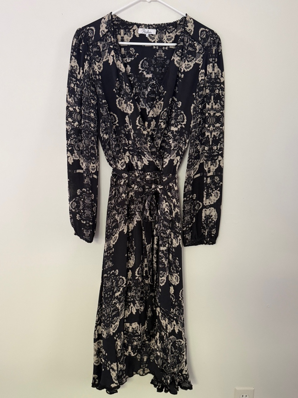 Parker Silk Black and Cream Floral Faux Wrap Dress with Tie Waist M